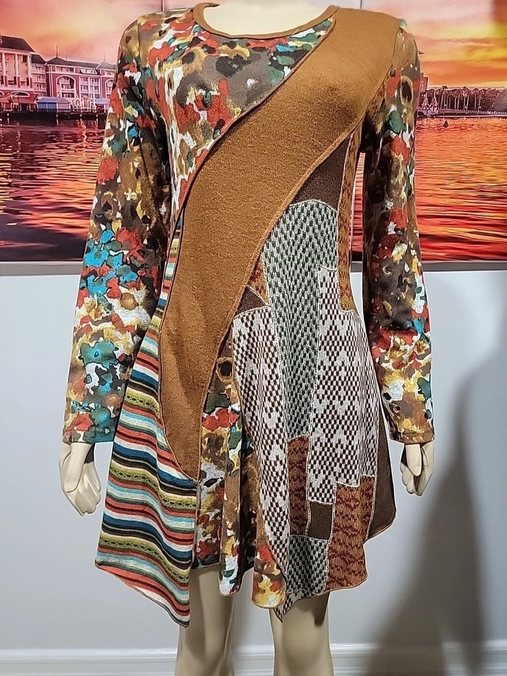 Multicolor Patchwork Long Sleeve A-Line Dress - Brown Accent